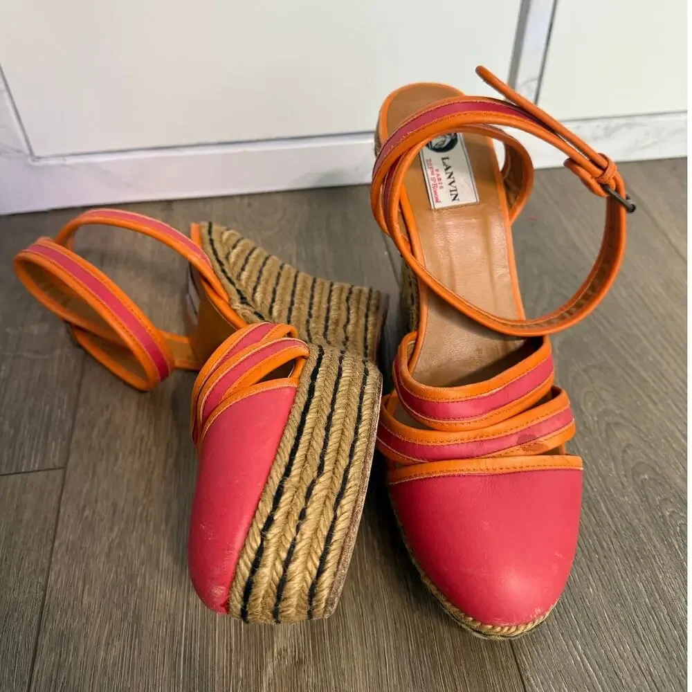 Womens Lanvin Paris Leather Espadrille High Wedge Sandals Size‎ 40 US 8.5